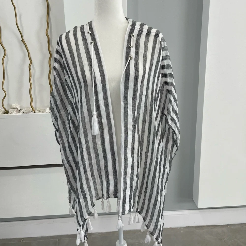 Chico's Black and White Striped Tassel Throw